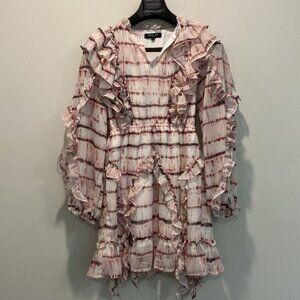 Beulah Ruffle Long Sleeve Mini Dress Blush White Size Small